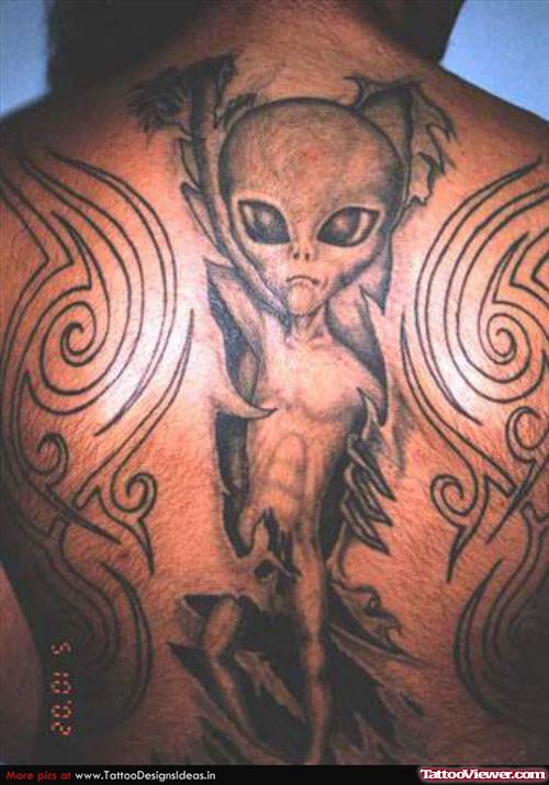 Grey Ink Alien Tattoo On Back