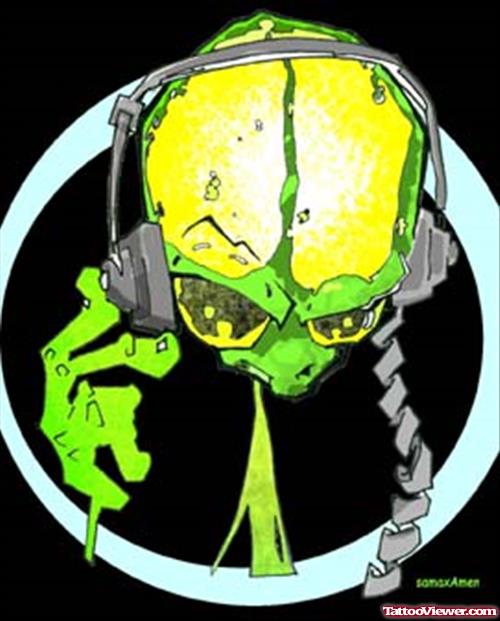 Green Alien With Headphones Tattoo Design