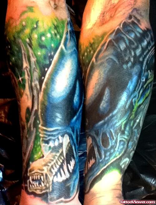 Colored Ink Alien Tattoo On Sleeve