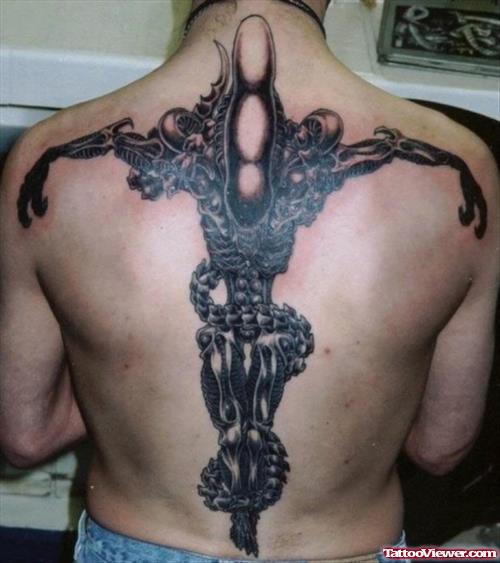 Black Ink Alien Tattoo On Back