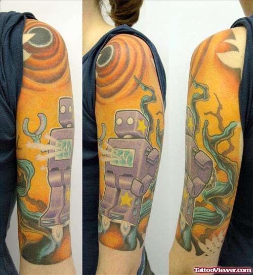 Alien Robot Tattoo On Half Sleeve