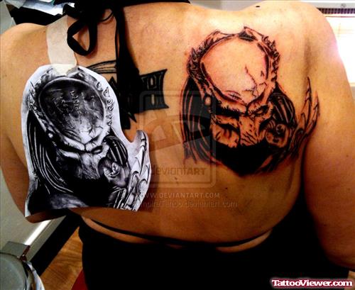 Predator Head Tattoo On Back Shoulder