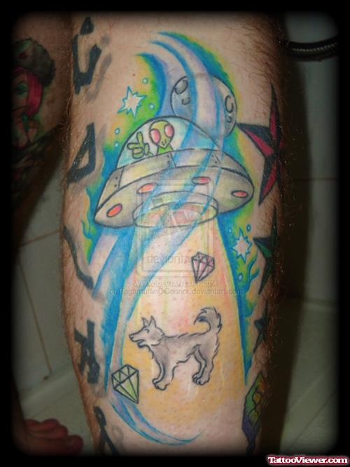 Colored Ink Alien In Spaceship Tattoo