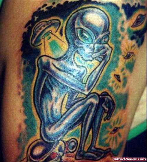 Colored Ink Alien And Sapce Ship Tattoo
