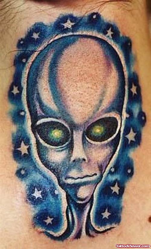 Blue Ink Alien Head Tattoo