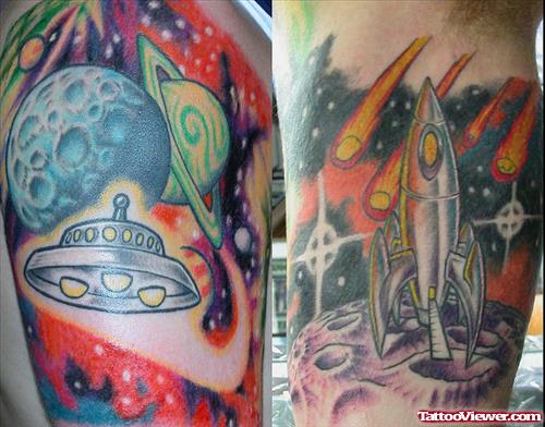 Amazing Colored Ink Alien Tattoo On Half Sleeve