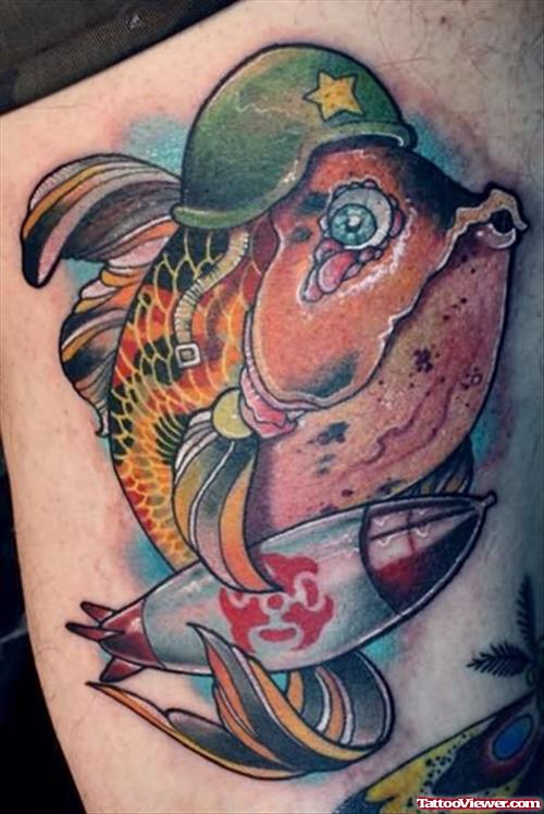 Alien Fish With Rocket Tattoo On Back