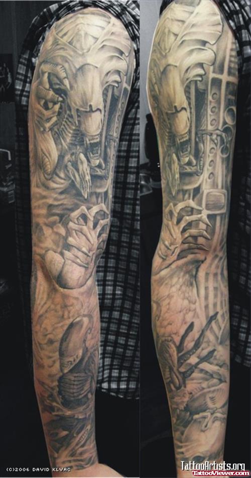 Grey Ink Sleeve Alien Tattoo For Men