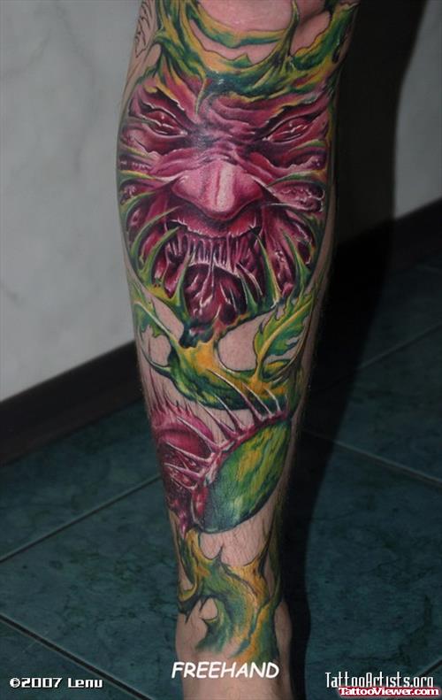 Colored Ink Zombie Alien Tattoo On Leg