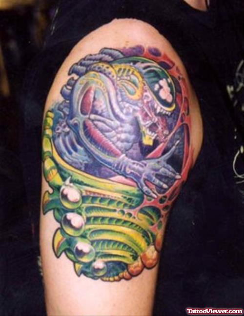 Color Ink Alien Tattoo On Right Half Sleeve