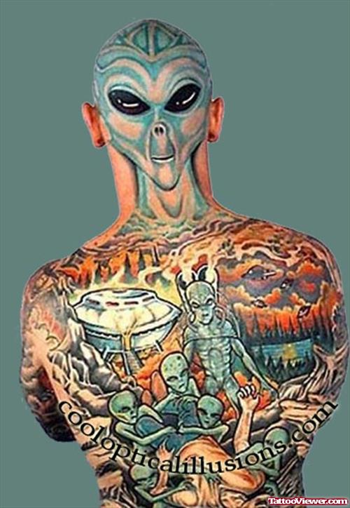Awesome Colored Ink Alien Tattoo On Back