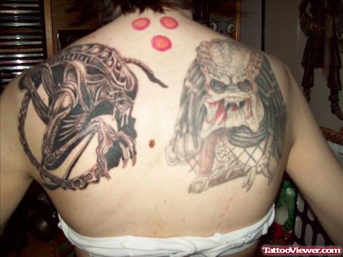 Alien And Predator Grey Ink Tattoos On Back Body