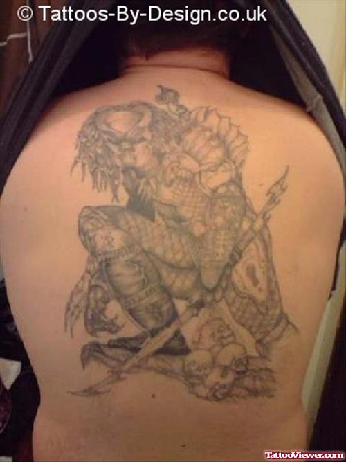 Grey Ink Predator Tattoo On Back Body