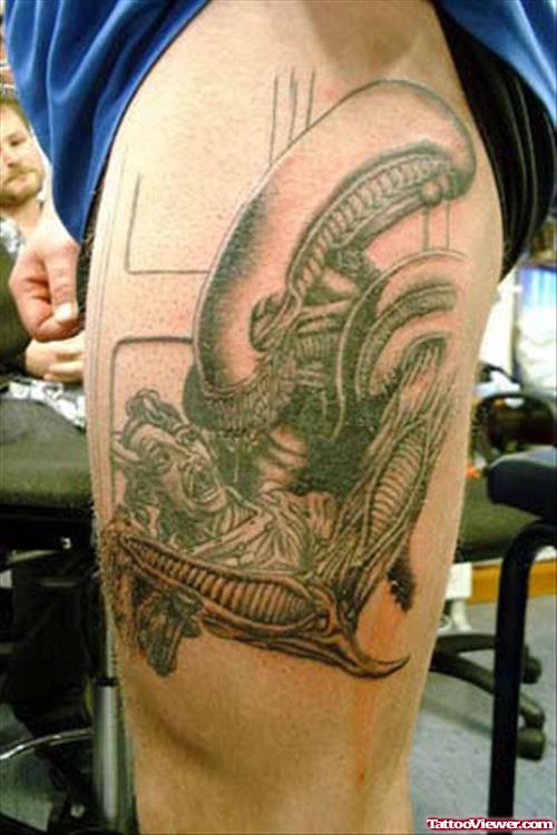 Grey Ink Alien Tattoo On Side