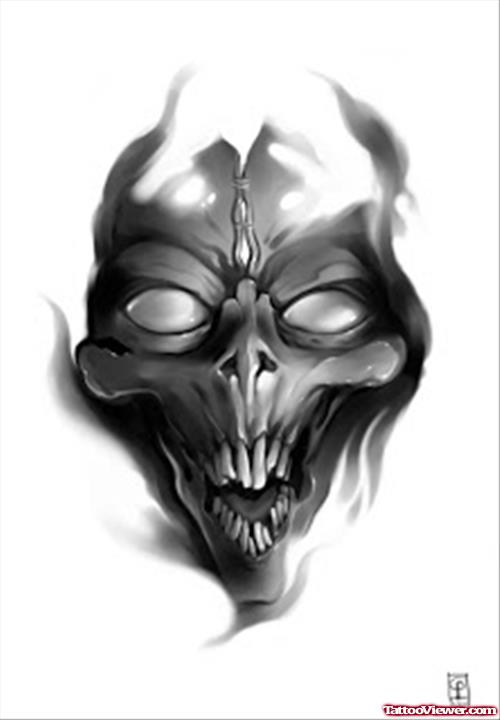 Grey Ink Alien Skull Tattoo Design