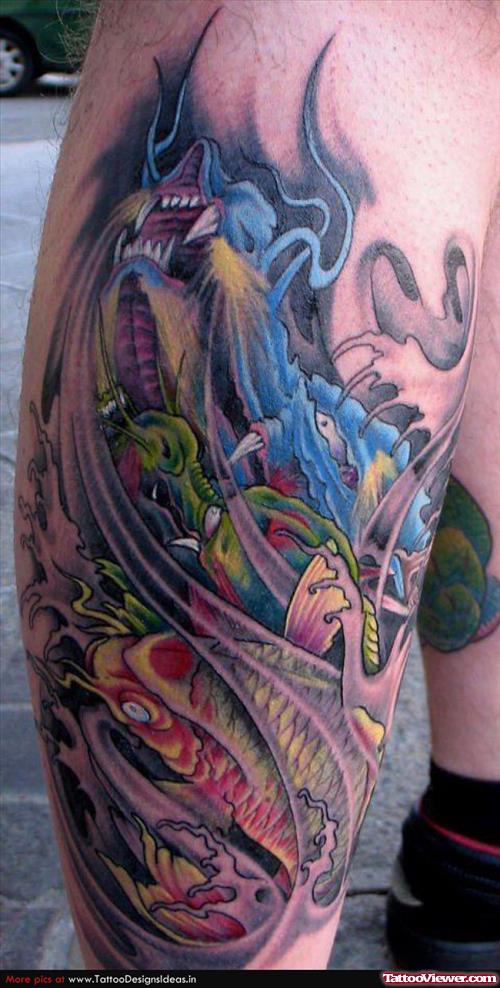 Colored Ink Koi and Alien Tattoo On Right Half Sleeve