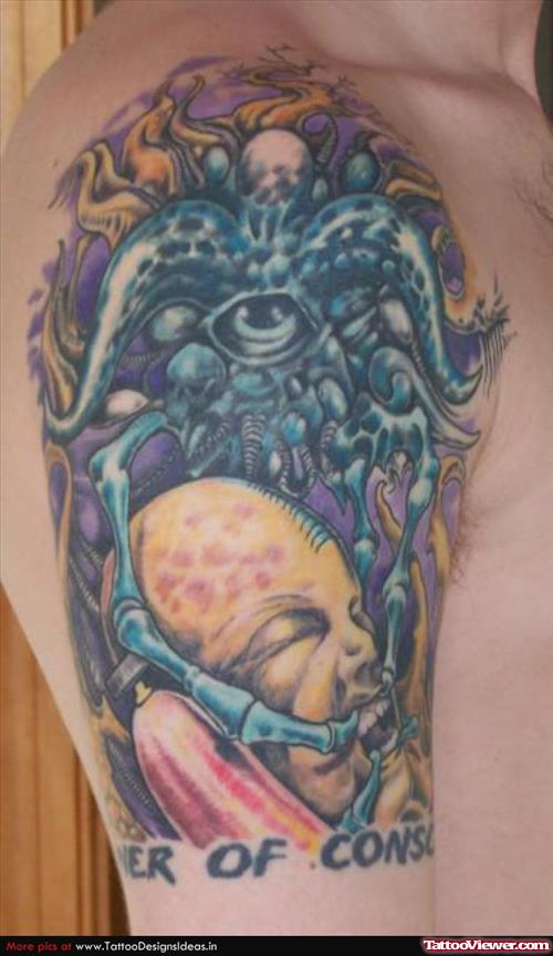 Biomechanical Colored Alien Tattoo On Right Half Sleeve