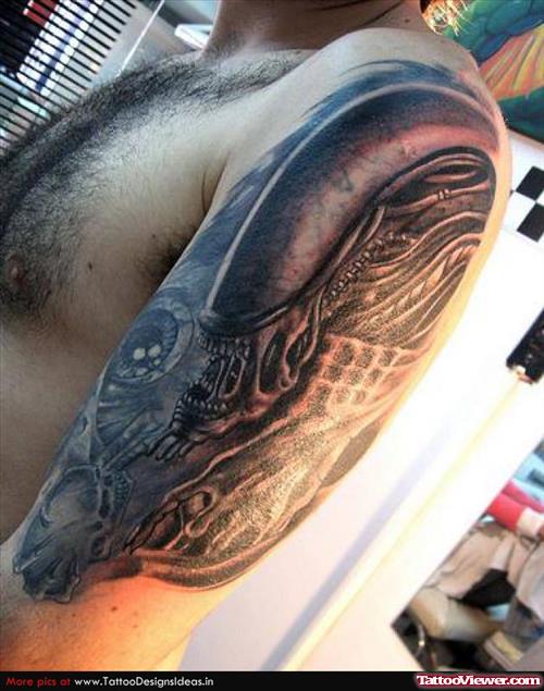 Man Left Half Sleeve Alien Tattoo