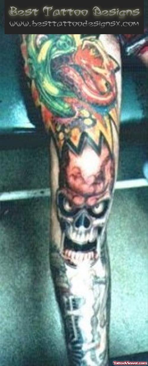 Colored Alien Tattoo On Leg