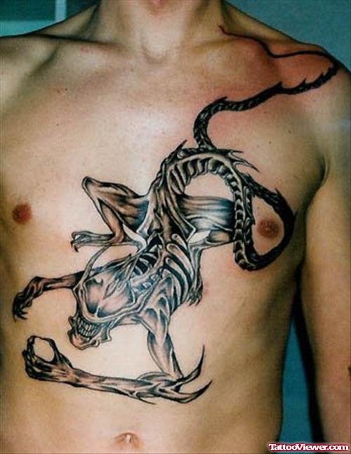 Beautiful Grey Ink Alien Tattoo On Man Chest