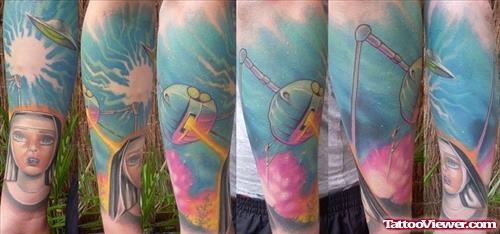 Arm Sleeve Colorful Alien Tattoo