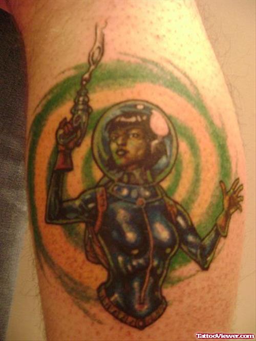 Alien Girl Color Ink Tattoo On Leg