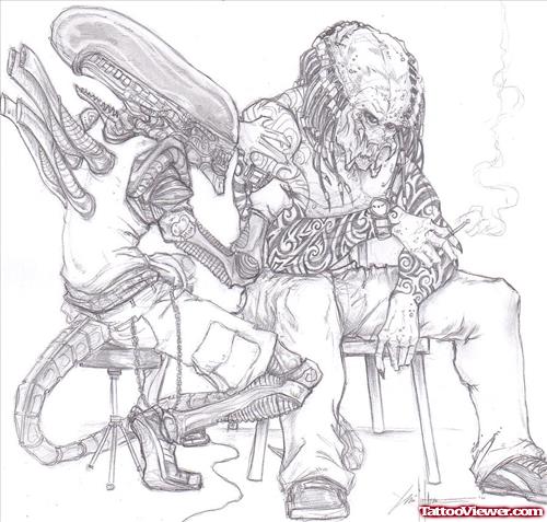 Alien And Predator Sitting Tattoo Design