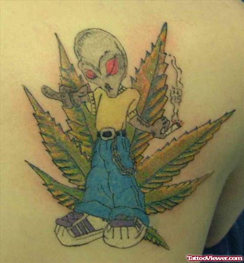 Marijuana Leaf And Alien Color Ink Tattoo