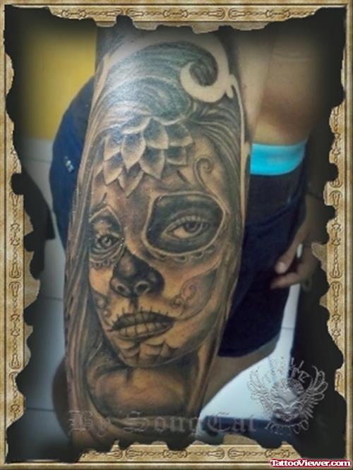 Grey Ink Scary Alien Girl Tattoo