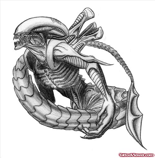 Grey Ink Alien Flying Tattoo Design