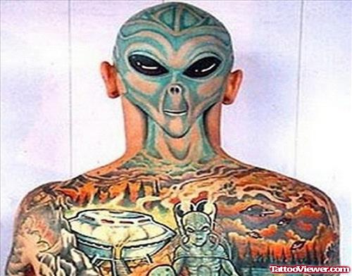 Colored Ink Back Body Alien Tattoo