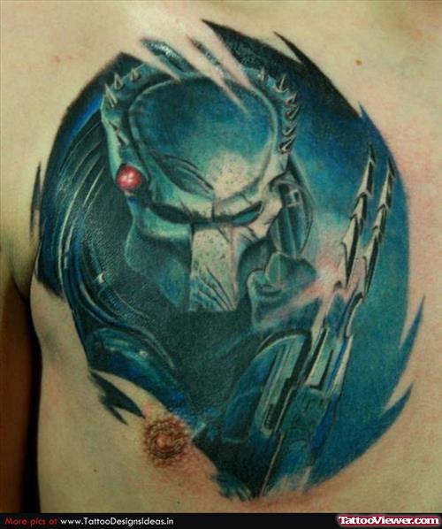 Color Ink Alien Tattoo On Man Chest