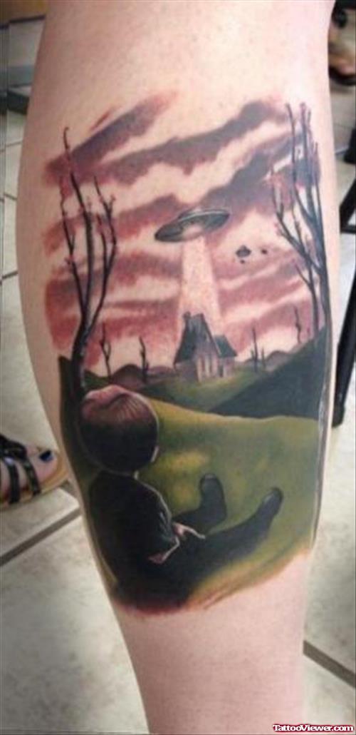 Child Seeing Alien Spcaceship In Clouds Tattoo On Leg