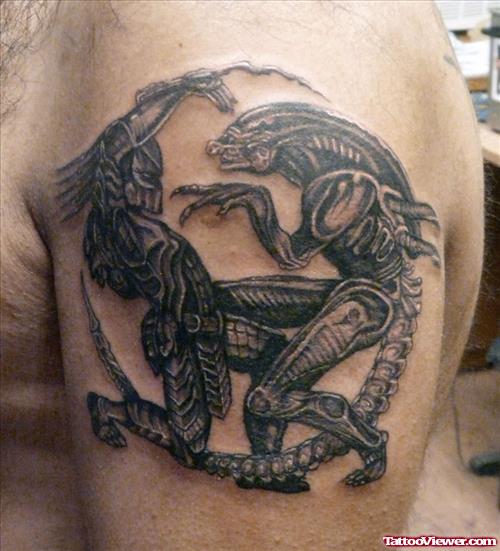Predator Vs Alien Tattoo On Left Shoulder