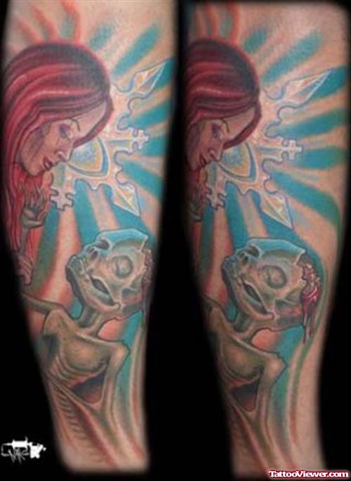 Girl And Alien Tattoo On Sleeve