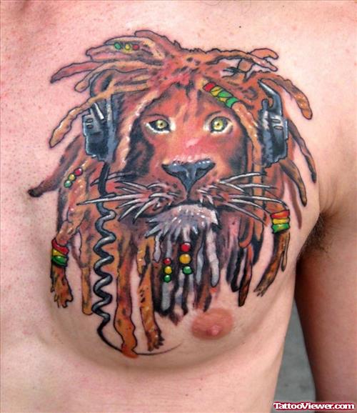 Alien Lion Color Ink Tattoo On Man Chest