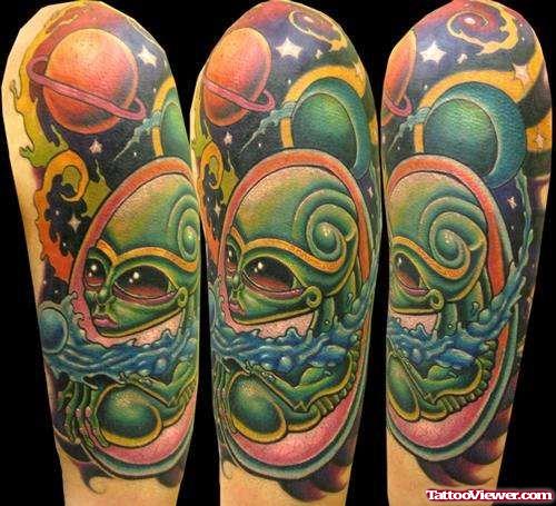 Green Ink Alien And Space Tattoo On Half Sleeve