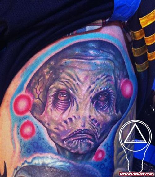 Colored Alien Head Tattoo On Shoulder