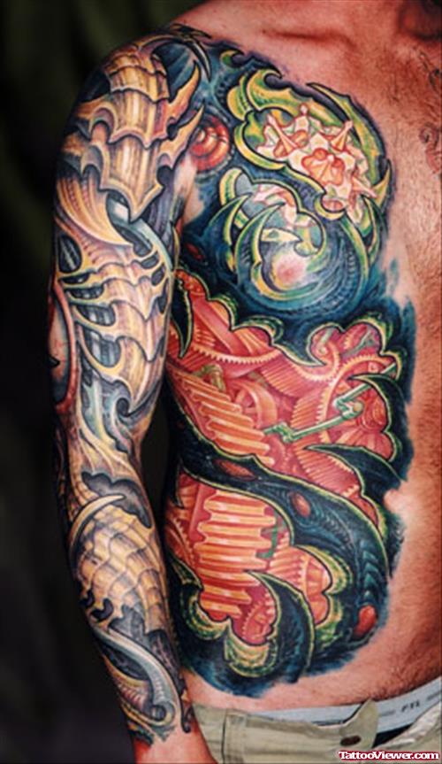 Biomechanical Color Ink Alien Tattoo On Sleeve And Side