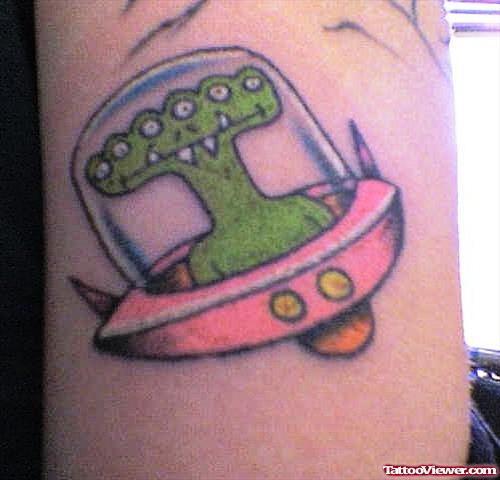 Alien In Spaceship Color Ink Tattoo