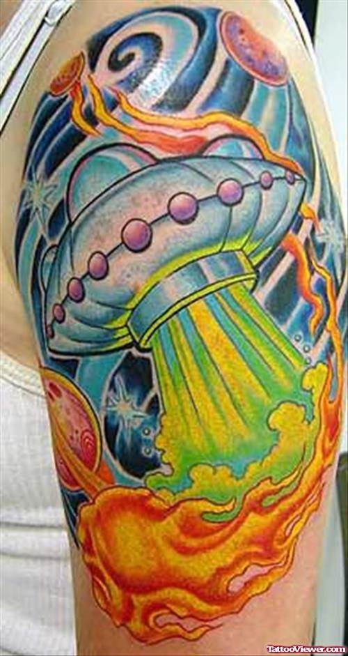 Awesome Colorful Alien Spaceship Tattoo On Left Half Sleeve