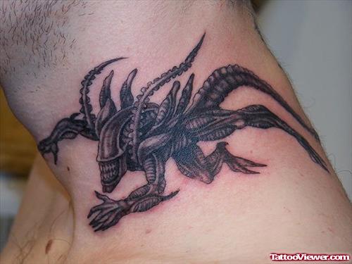 Alien Tattoo On Man Side Neck