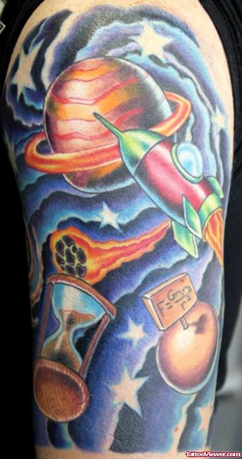 Alien Outer Space And Rocket Tattoo On Half Sleeve