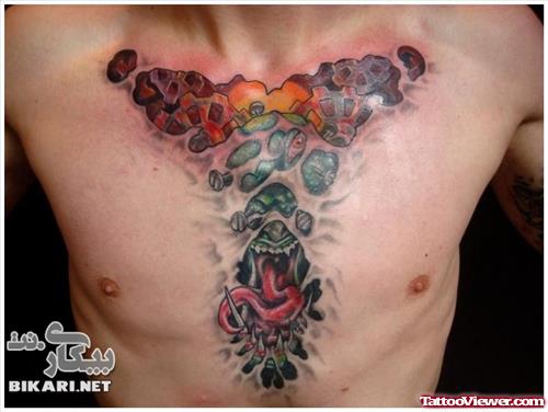 Colored Ink Alien Tattoo On Man Chest