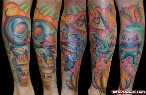 Colored Alien Tattoos On Leg