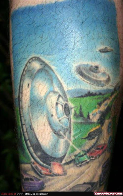 Colored Alien spaceships Tattoos