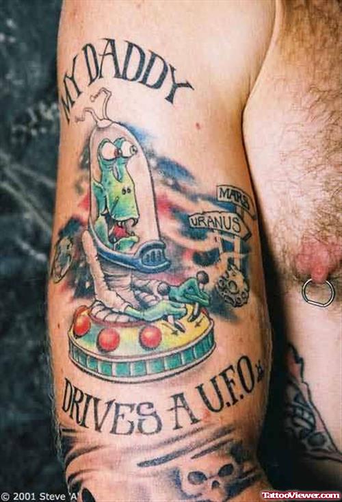 Color Ink Alien And Spaceship Tattoo On Half Sleeve