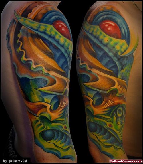 Biomechanical Colored Ink Alien Tattoo On Half Sleeve