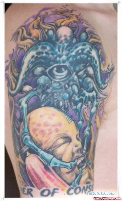 Awesome Colored Ink Alien Tattoo On Right Half Sleeve