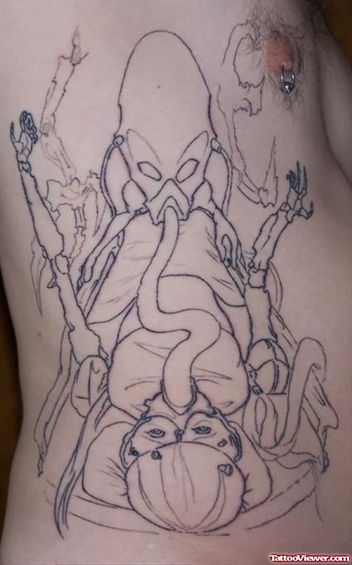 Alien Disection Outline Tattoo Ribs